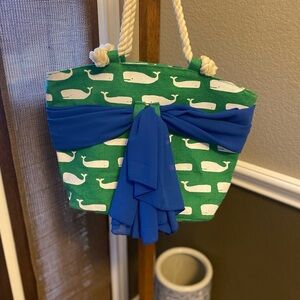 Mud Pie Whale Beach Tote Bag with Navy Scarf